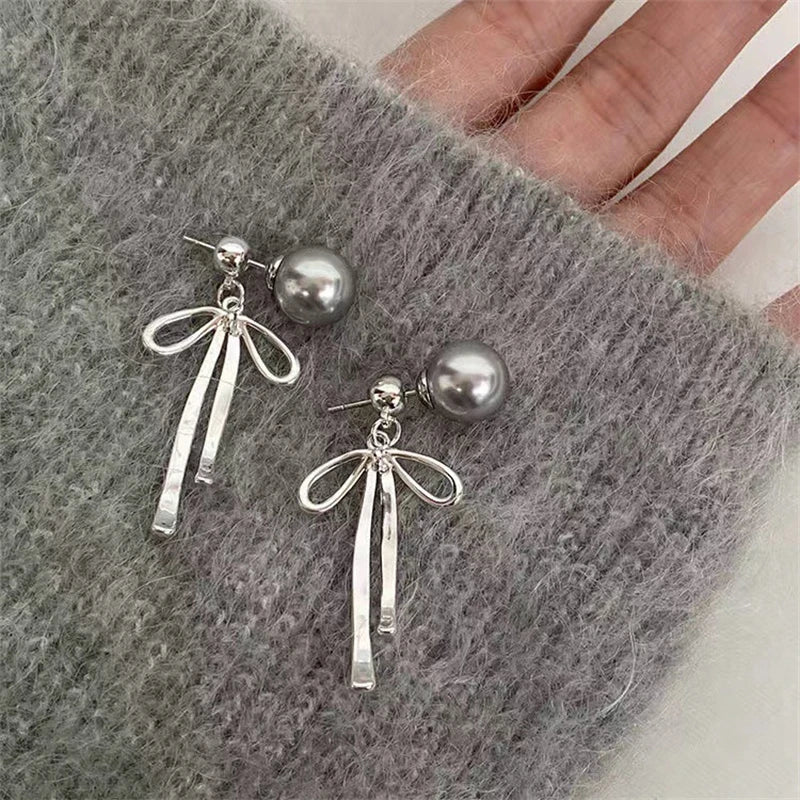 Ingvn  Korean Elegant Simple Bowknot Grey Pearl Long Dangle Earrings For Women Fashion Sweet Metal Aesthetic Jewelry Party Gifts