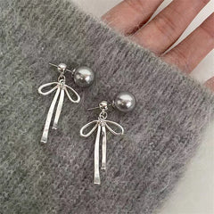 Ingvn  Korean Elegant Simple Bowknot Grey Pearl Long Dangle Earrings For Women Fashion Sweet Metal Aesthetic Jewelry Party Gifts