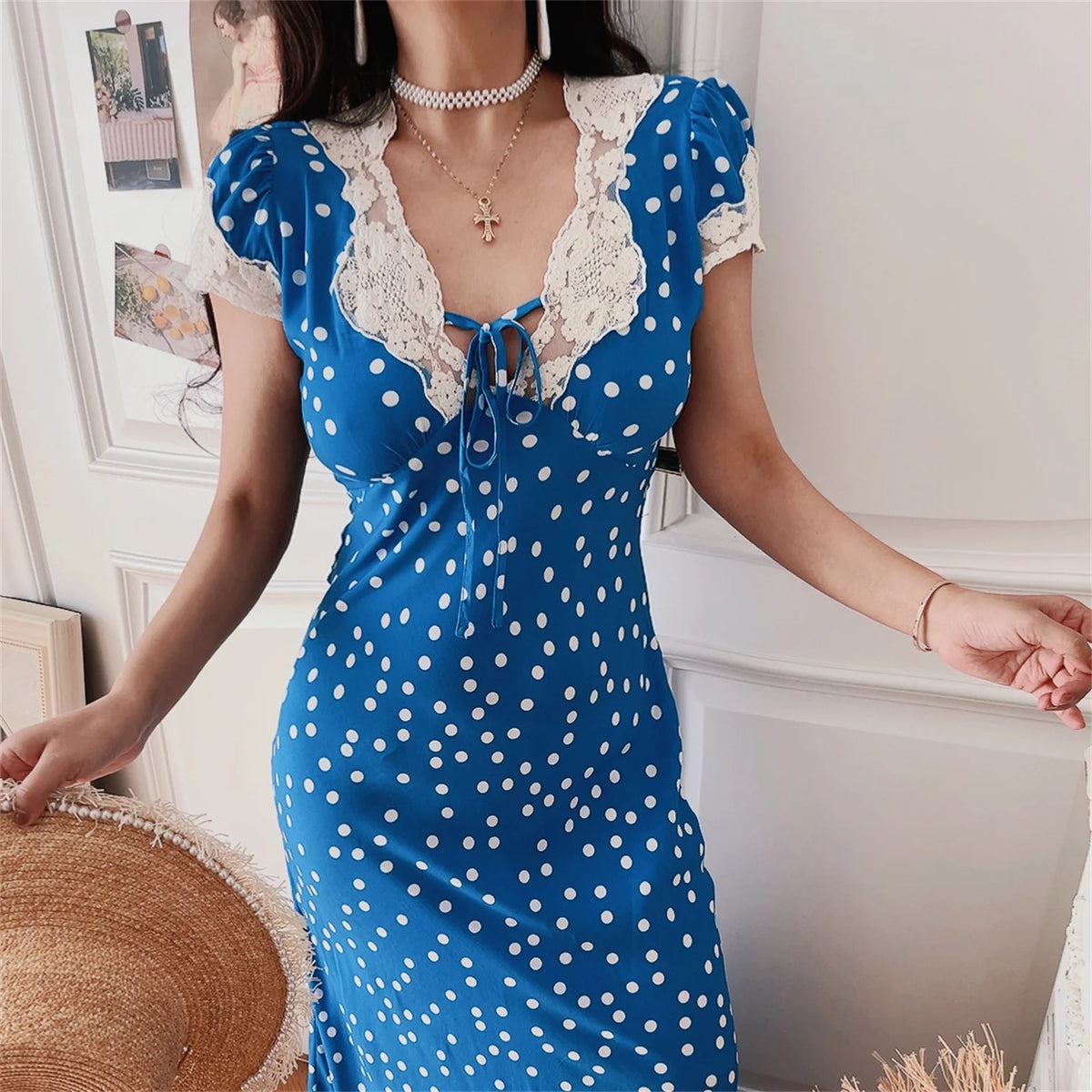 Ingvn  Blue Polka Dot Lace Bubble Sleeve Long Dress Chenopod Spring Summer Vintage Style Holiday Dress Women's H Version Polyester