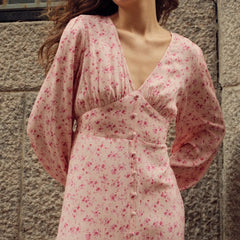 Ingvn  Elegant Printed A Line Dresses for Women V Neck Puff Sleeve High Waist Patchwork Single Breasted Slit Dress Female