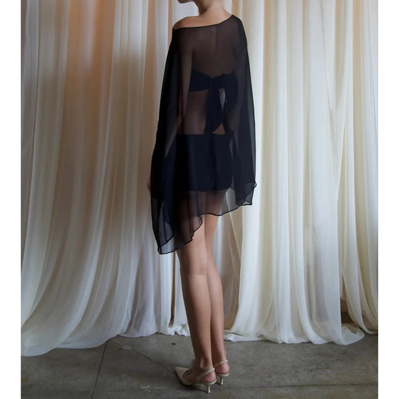 Ingvn  Womens Sheer Chiffon Cape Sleeve Top Batwing Boat Neck Loose Flowy See Thru Blouse Bikini Cover Up Vacation Beachwear