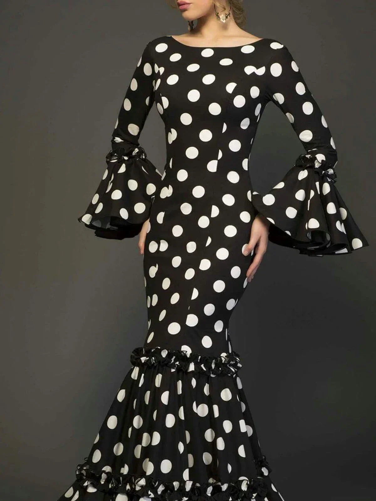 Ingvn  Polk Dot Print Long Dress for Women Flare Sleeve Ruffle Elegant Sexy Trumpet Dress Slim Round Neck Temperament Female Dresses