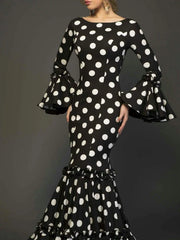 Ingvn  Polk Dot Print Long Dress for Women Flare Sleeve Ruffle Elegant Sexy Trumpet Dress Slim Round Neck Temperament Female Dresses