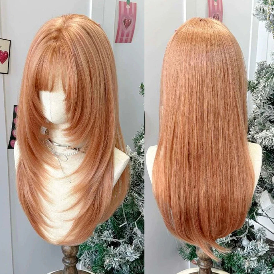 Ingvn - Long Wigs With Bangs Synthetic Natural Straight Layered Fake Hair Party Fluffy Lolita Cosplay Brown Wigs For Women Daily Use