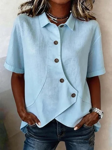 Summer Women's Casual Solid Irregular Shirt Fashion Elegant Top Button Short Sleeve Holiday Party Womens Tops And Blouses