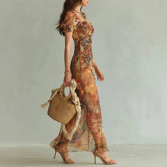 Ingvn  Elegant Short Sleeve Slim Maxi Dress Women Summer Bodycon Floral Print Long Dresses Casual