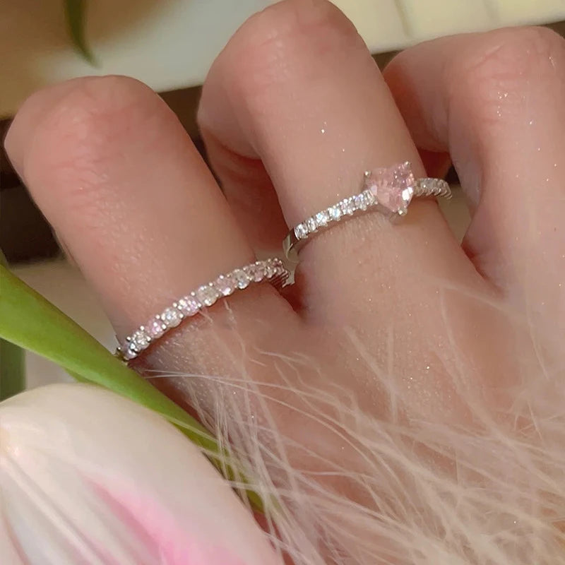 Ingvn  Pink Crystal Irregular Heart Rings Creative Zircon Bowknot Opal Love Heart Open Ring Y2K Shiny Rings for Women Party Jewelry
