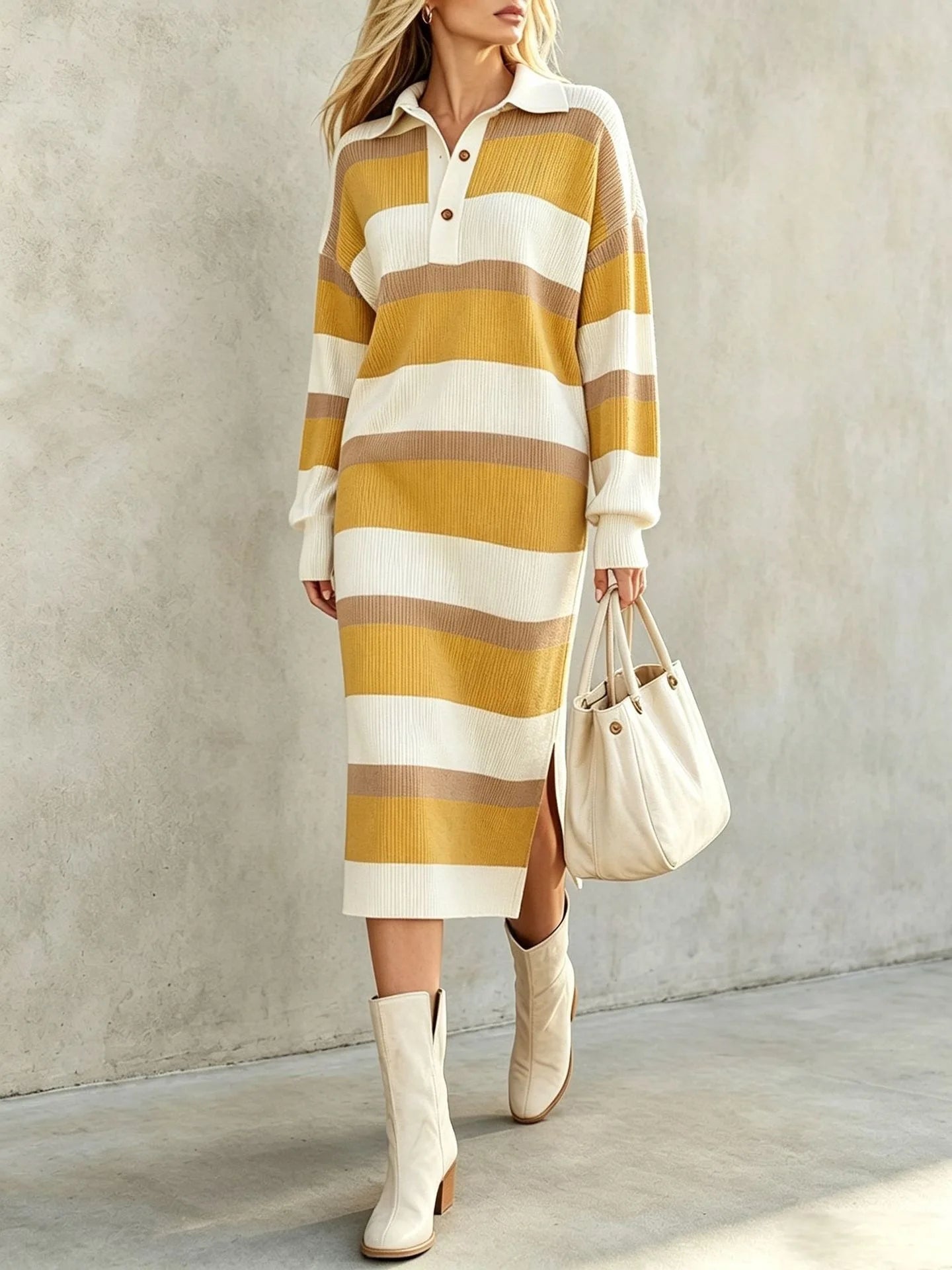 Ingvn - Women's Striped Knit Midi Dress Polo Collar Long Sleeve Button Color Block Loose Casual Autumn Winter Ladies Sweater Dresses