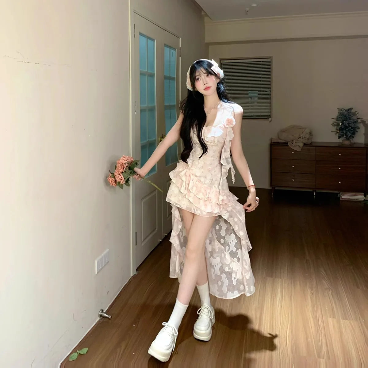 Ingvn  Pure Desire Fairy Tale Floral Print Halter Dress Summer Beautiful Beach Vacation Style Asymmetrical Hem Long Skirt Women's Fa...