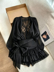 Ingvn  French Elegant Vintage Black Chiffon Dress Long Sleeve V Neck Autumn Women Sweet Dress Casual Holiday Evening Party Wear