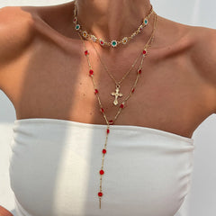 Ingvn  Cross Colorful Crystal Necklaces For Women Simple Gold Silver Color Y-Shaped Pendant Necklace Set New Christian Jewelry