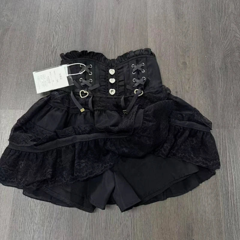 Ingvn  Japanese Style Kawaii Mini Cake Skirts Womens Fairy Bandage Lolita High Waist Y2k Aesthetic Sweet Lace Gothic JK Faldas Skirt