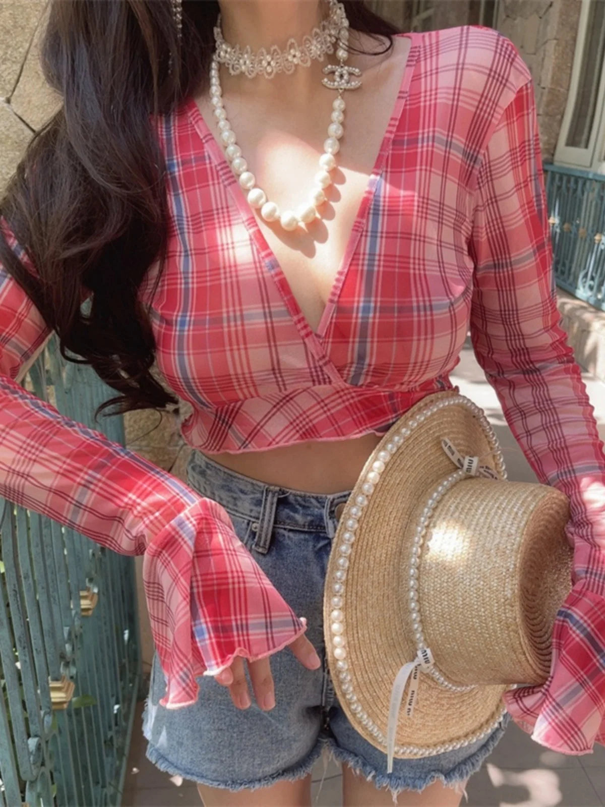 Ingvn  Slim Fit V-Neck  Shirt Sexy Belted Waist Bell Sleeve Holiday Checkered Top Women's Fashion Polyester Fiber Long Sleeve