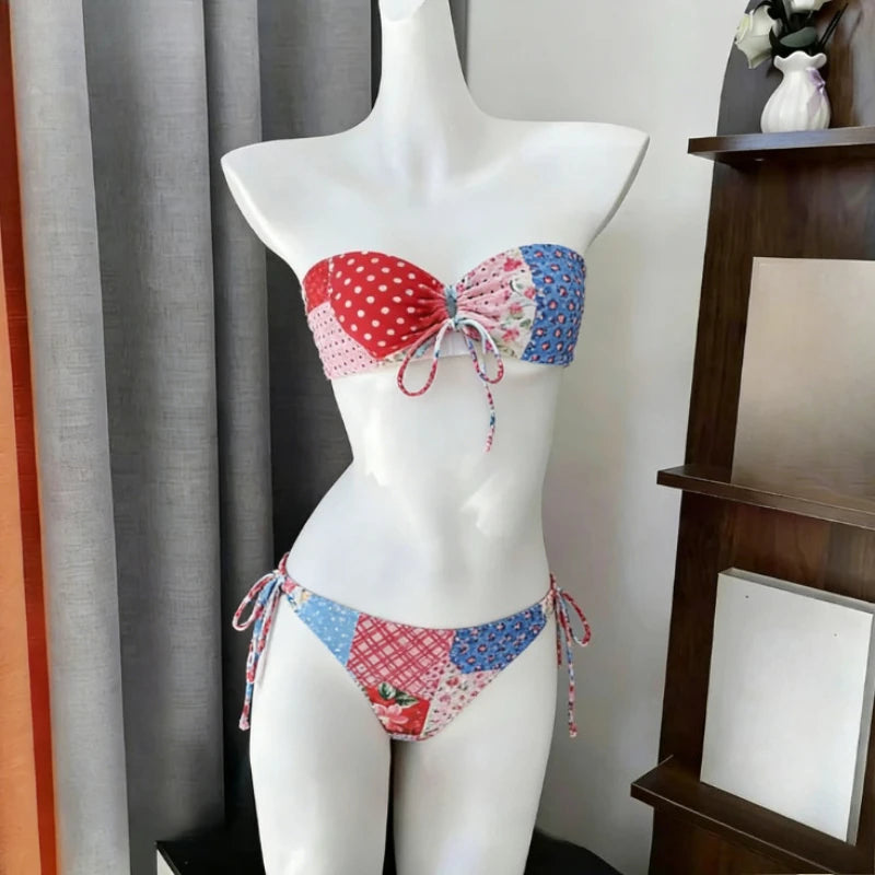 Ingvn  Women's Cute Floral Print Bikini Set Halter Strap Two Piece Swimsuit Ruffle Trim Backless Beachwear Summer Fashion Bathing Suit