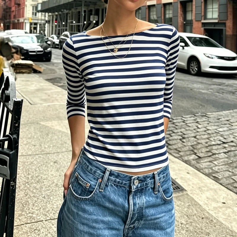 Ingvn  Women's Y2k American Retro Striped Contrast Color T-Shirts Boat Neck Three Quarter Sleeve Tee Tops Club Streetwear