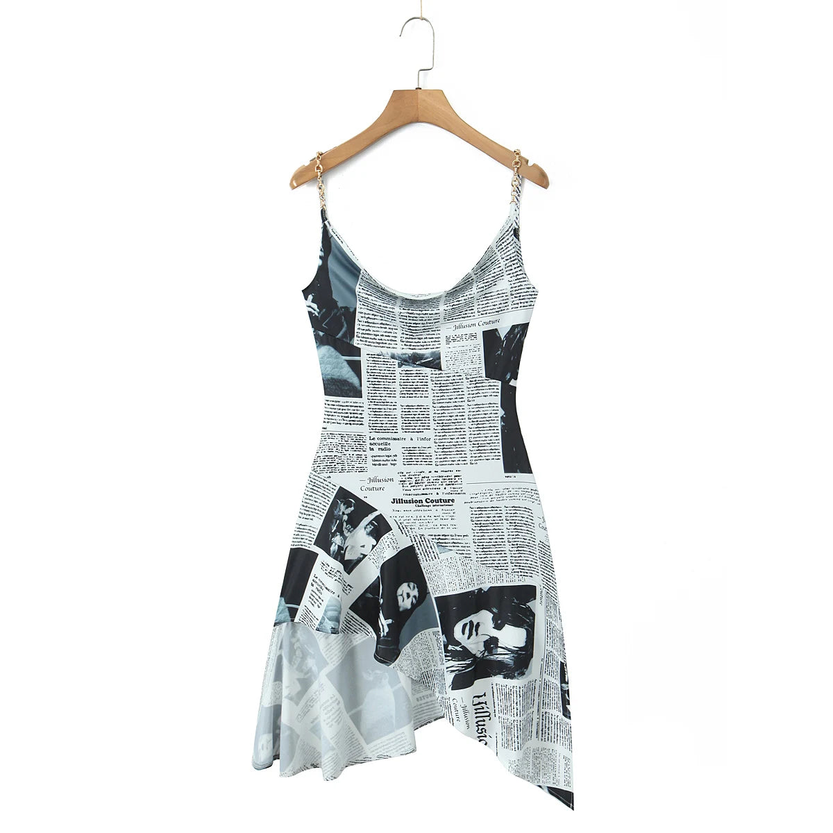 Ingvn  Highstreet Cool Girl Letter Beauty Girl Print Metal Chain Sling Dress Women Slim Fit Waist Backless Mini Irregular Robe