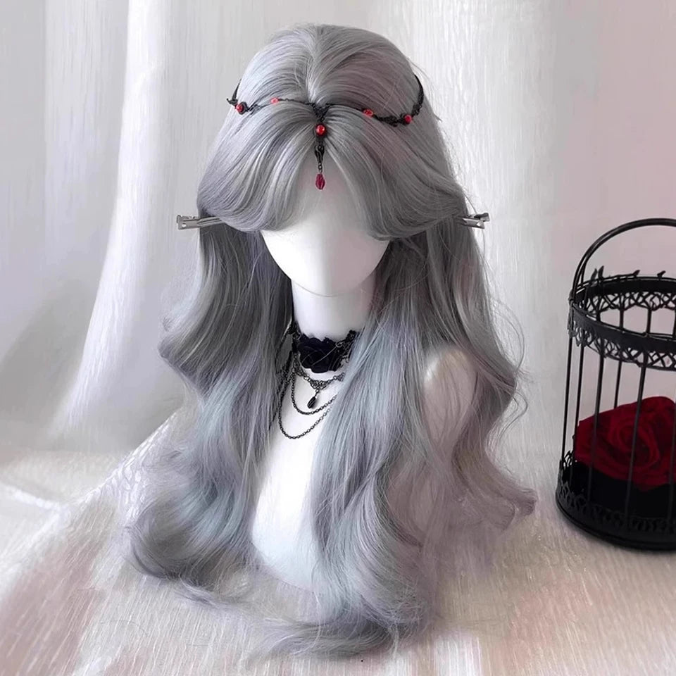 Ingvn  Long Wavy Grey Wig with Bangs Synthetic Cosplay Wig Daily Wear Natural Heat Resistant Wig Halloween Costume Wig for Women