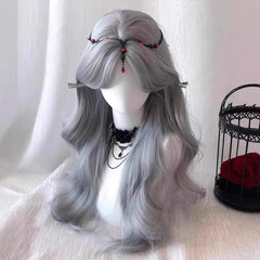 Ingvn  Long Wavy Grey Wig with Bangs Synthetic Cosplay Wig Daily Wear Natural Heat Resistant Wig Halloween Costume Wig for Women