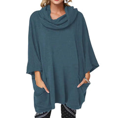Ingvn  New Autumn Winter Style European American Loose Slouchy Turtleneck High Neck Pocket Pullover Long Sleeve Comfortable Top Women