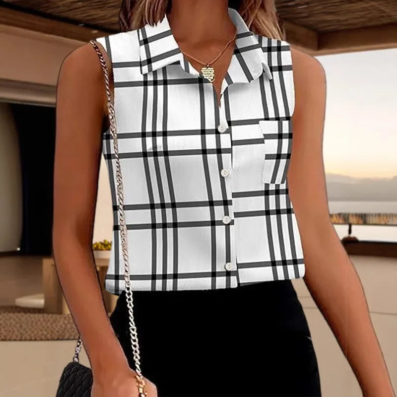 Ingvn - Women's Black White Floral Print Sleeveless Blouse Turn Down Collar Button Down Casual Summer Shirt Top