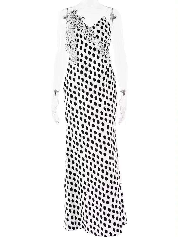 Ingvn  Sexy Backless  Print Dots Flower Women Maxi Dress Spaghetti Strap Evening Dress Autumn Skinny Elegant Party Clubwear