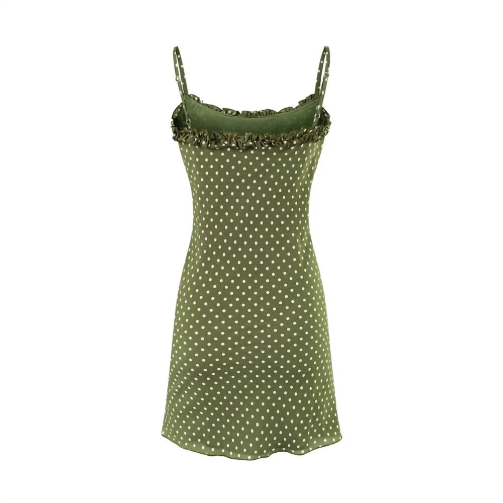Ingvn  Vintage French Style ArmyGreen Polka Dot Print Wood ears O neck Sling Dress Women a-lined Short Dresses Femme Vestidos Robe