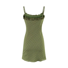 Ingvn  Vintage French Style ArmyGreen Polka Dot Print Wood ears O neck Sling Dress Women a-lined Short Dresses Femme Vestidos Robe