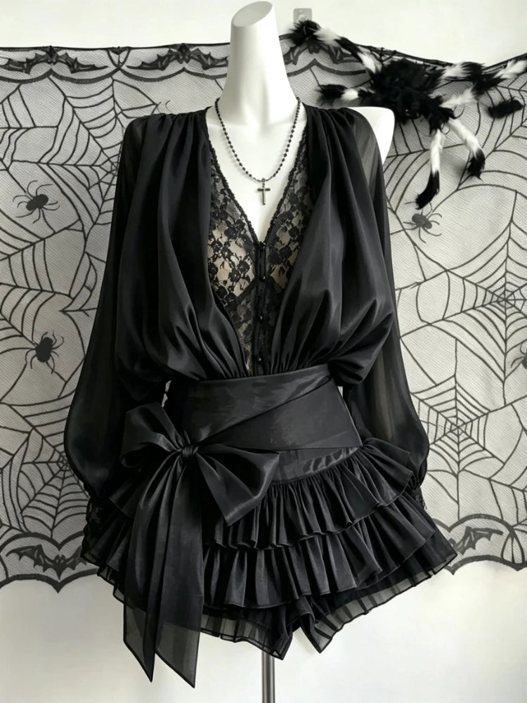 Ingvn  French Elegant Vintage Black Chiffon Dress Long Sleeve V Neck Autumn Women Sweet Dress Casual Holiday Evening Party Wear