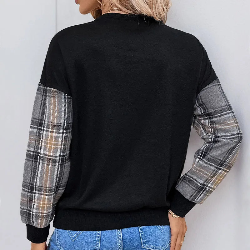Ingvn - Women Round Neck Plaid Color Block Sweatshirt Lace Trim Long Sleeve Casual Pullover Top