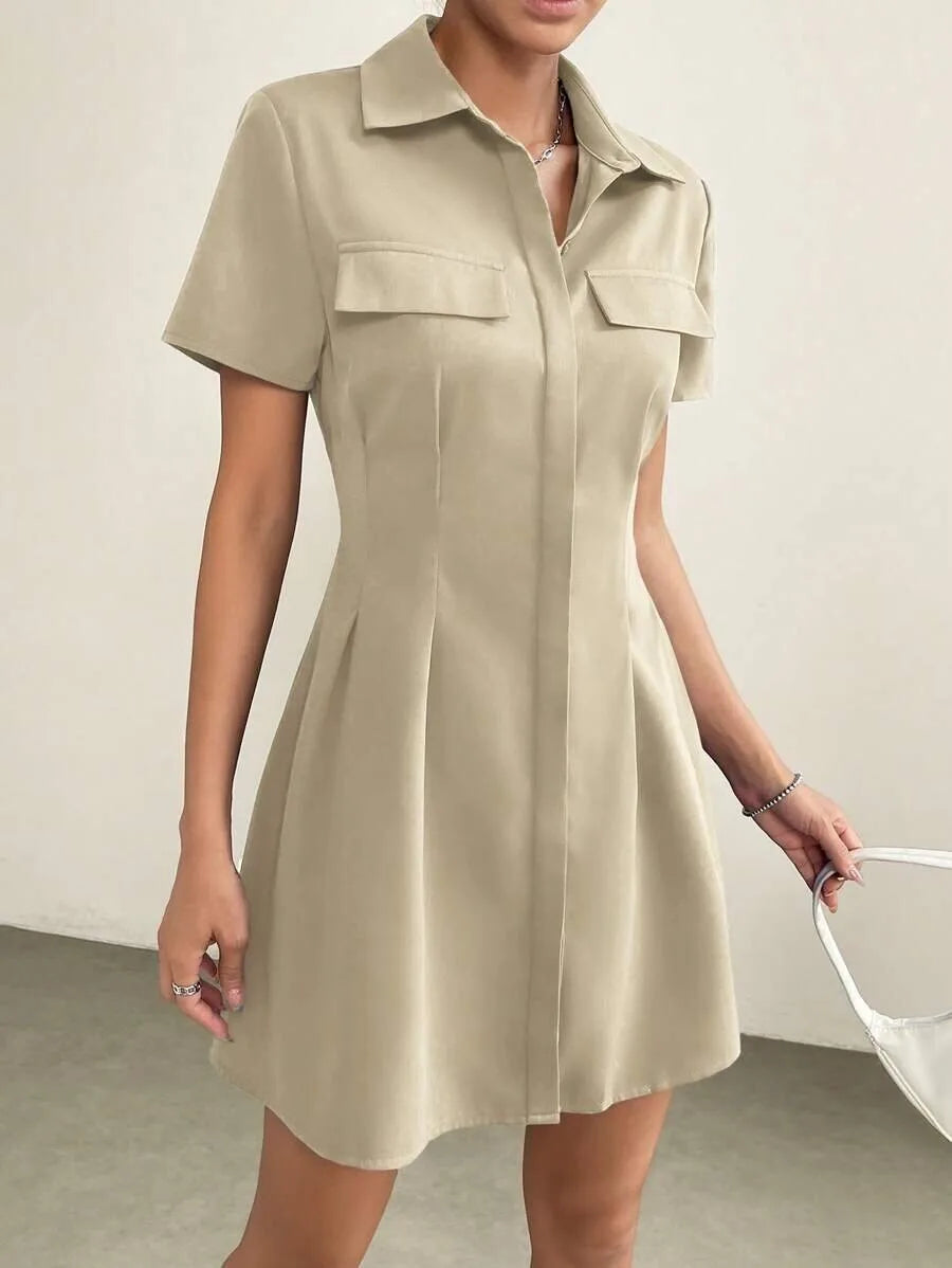 Ingvn  Women's Lapel Collar Pleated Waist Short Sleeve Shirt Dress Casual Solid Mini Dress