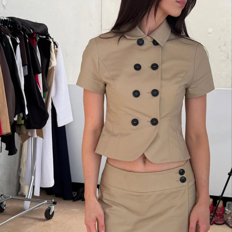 Ingvn  Women Summer Y2k Short Sleeve Coat Double Breasted Shirt Solid Color Lapel Turn-down Collar Slim Fit Blouse Crop Tops