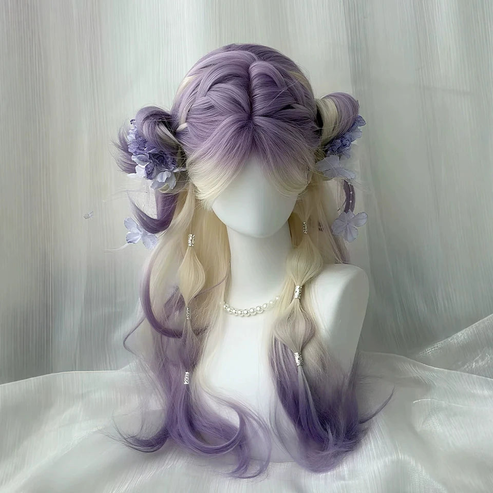 Ingvn  Long Wavy Pink Wig with Bangs Synthetic Cosplay Natural Lolita Purple Green Wig Halloween Costume Wig for Women Daily Wear