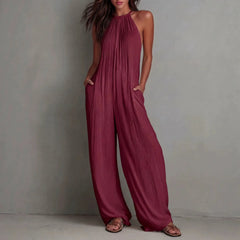 Ingvn  Summer Casual Outfits New Beach Vacation Jumpsuit Women Fashion Halter Sleeveless Textured Overalls Pocket Wide Leg Romper