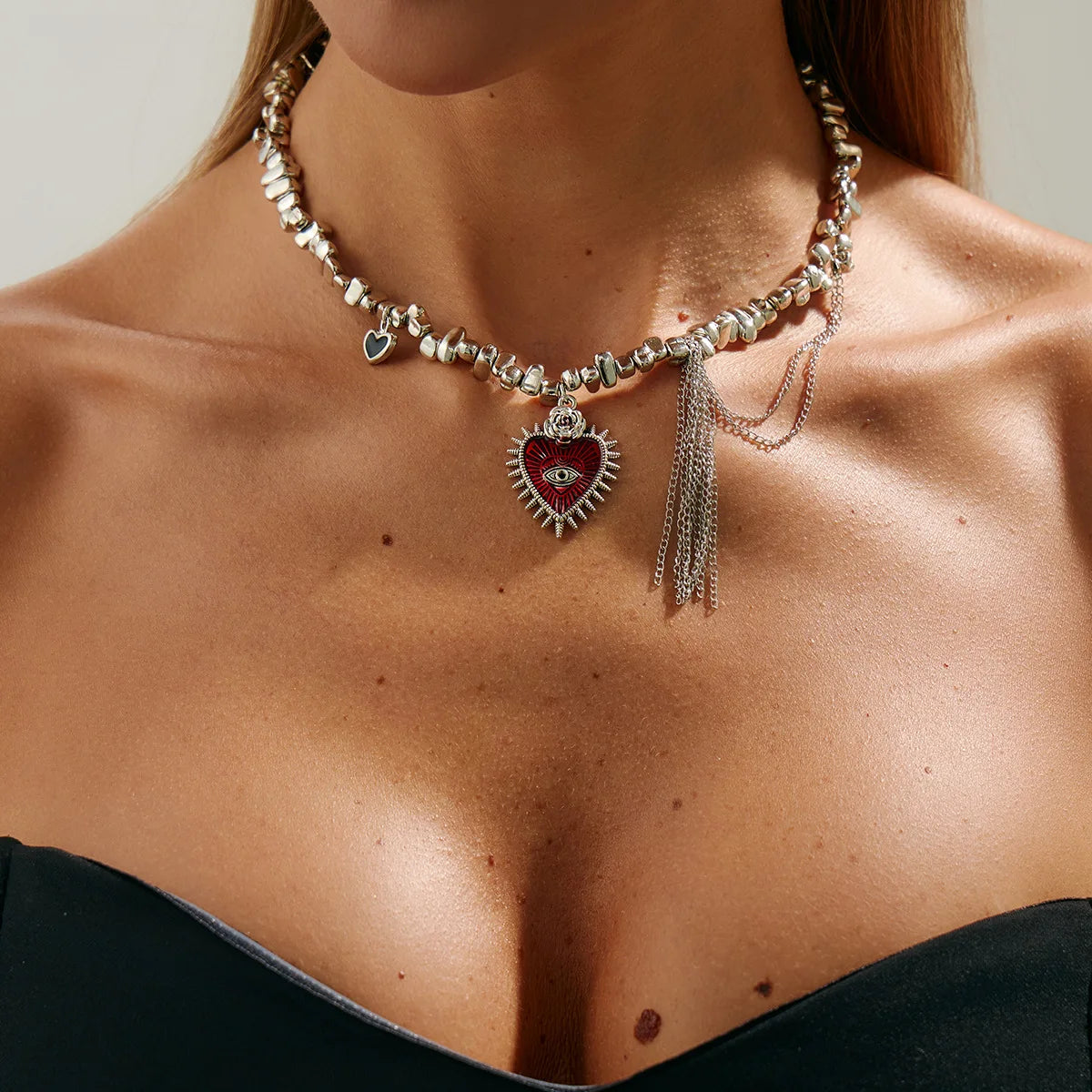 Ingvn  Gothic Love Heart Pendant Choker Necklace Women Trendy Irregular Geometric CCB Beaded Metal Tassel Chain Party Jewelry