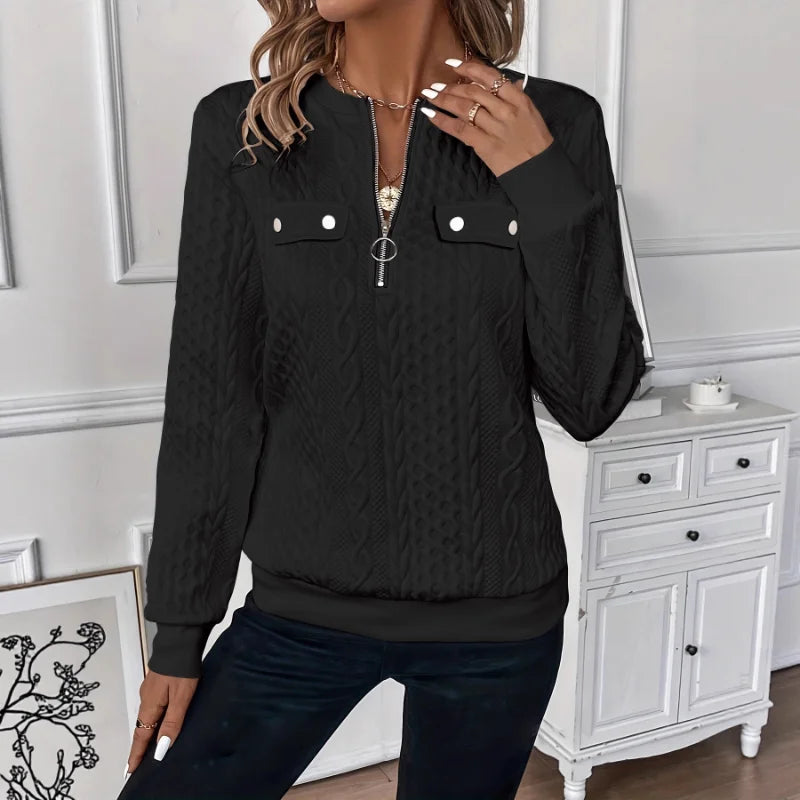 Ingvn - Ingvn - European American New Spring Autumn Style Crewneck Fashionable Versatile Knit Long Sleeve Zip Sweatshirt Designed Women's Top