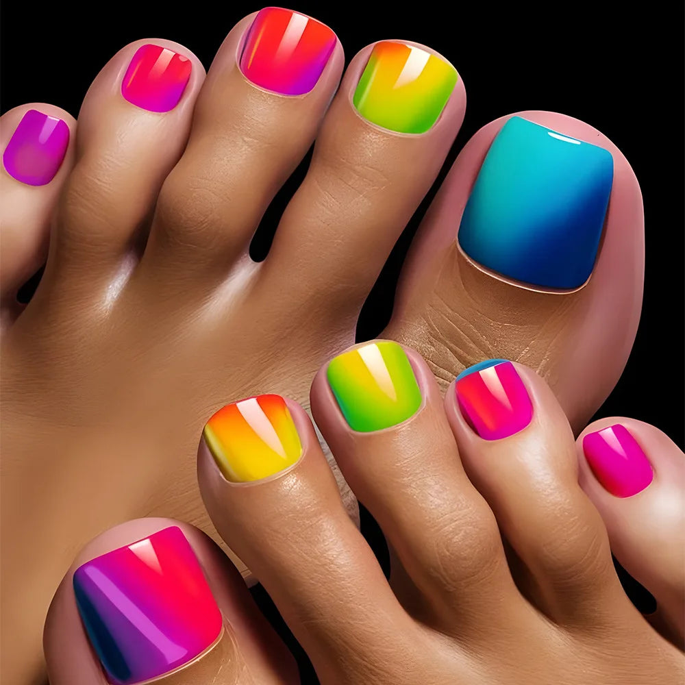 Ingvn  24Pcs Ins Colorful Rainbow Toe Nail Tips Wearable Short Square Head Press on False Nails Glitter Cat's Eye Fake Manicure Summer