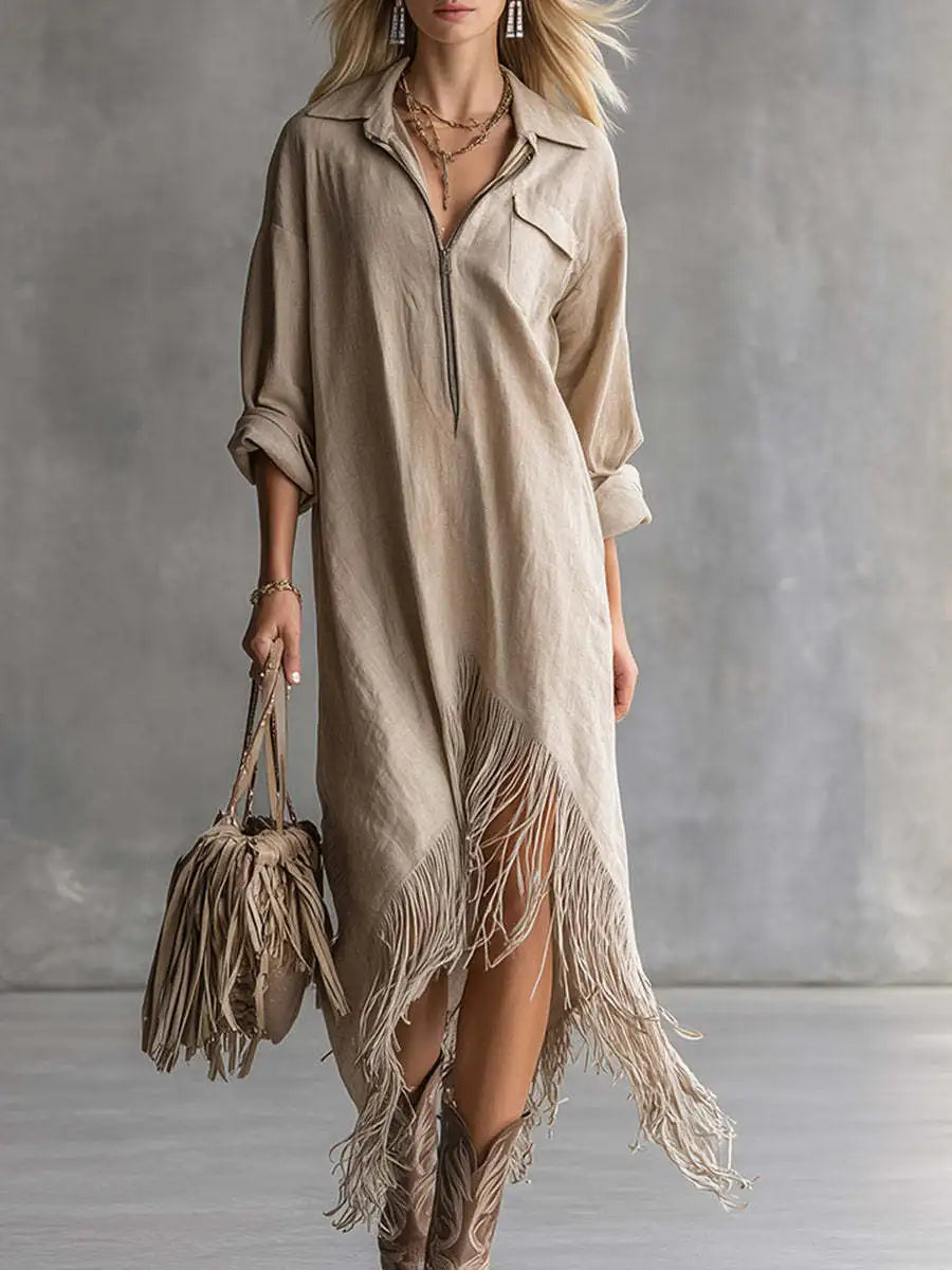 Ingvn - Elegant Loose Tassel Trim Dress Irregular Hemline Vintage Style Women's Fashion Autumn Casual Vacation Dress