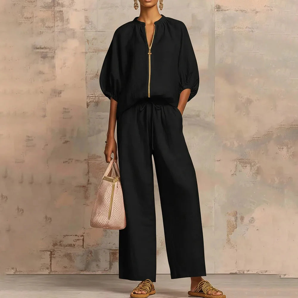 Ingvn  Womens Matching Sets Summer Casual Loose Zipper Tops And Wide Leg Pants 2 Piece Set Outfits Women Elegant