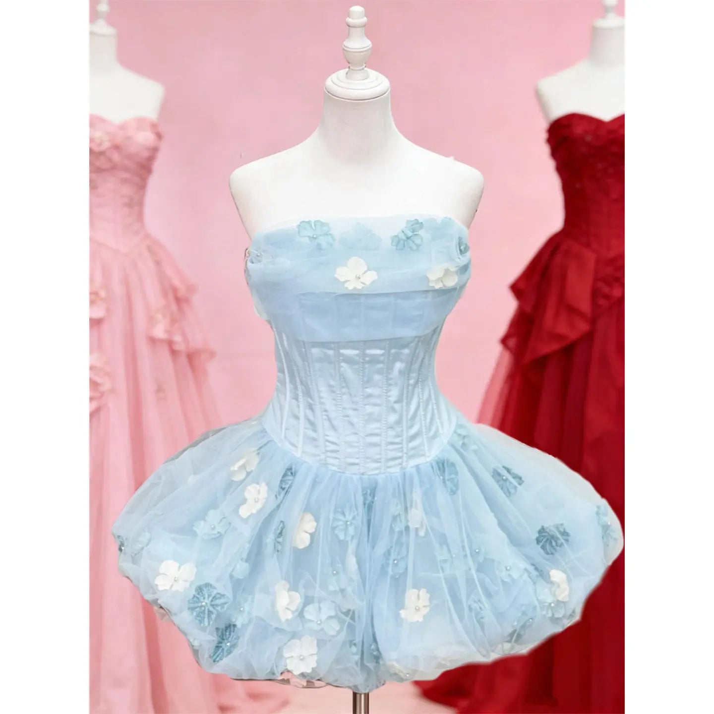 Ingvn  Summer New Sweet Elegant Princess Birthday Party Dress Sleeveless Strapless Corset Slim Fit 3D Flower Puff Dress for Women