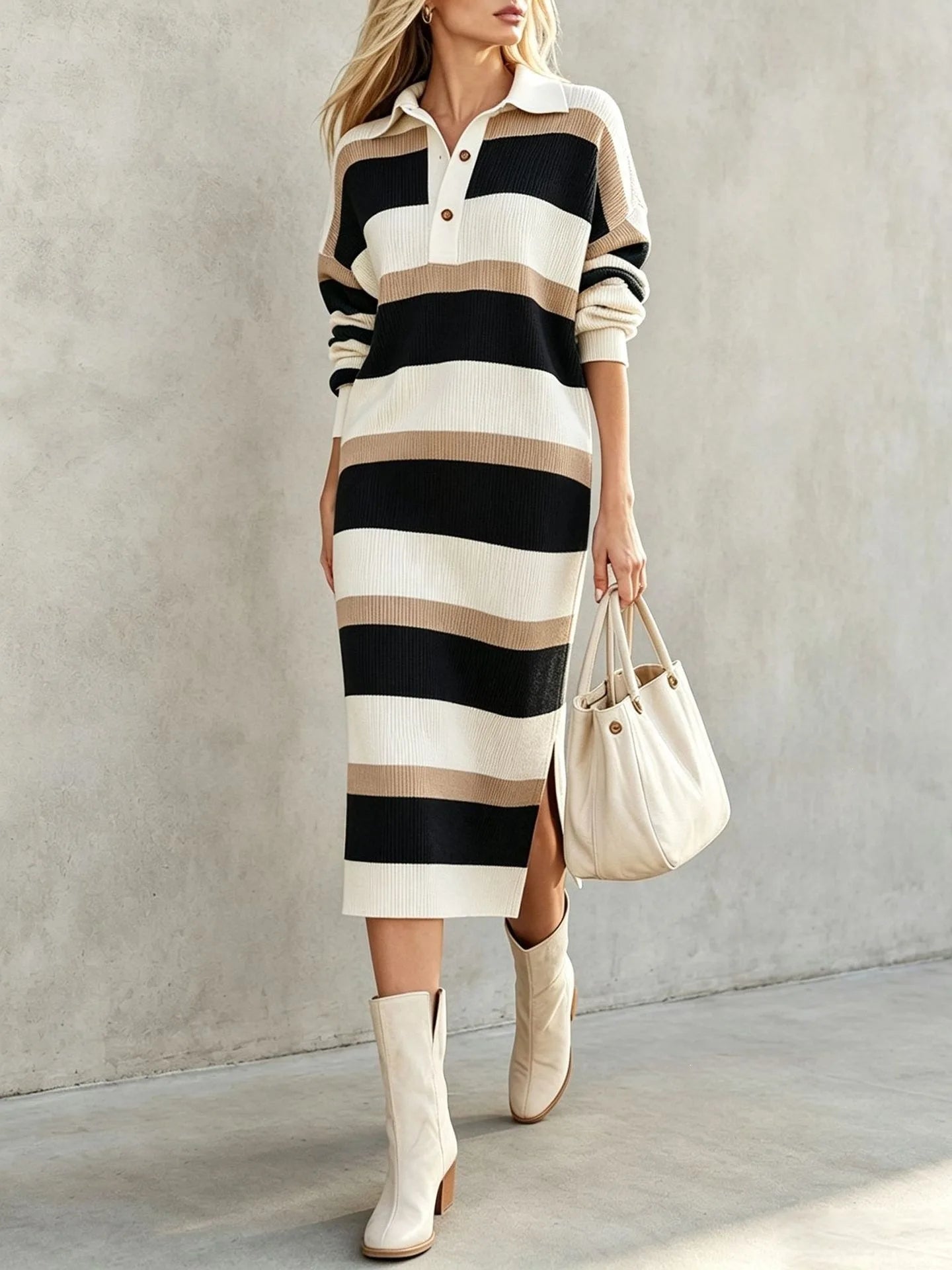 Ingvn - Women's Striped Knit Midi Dress Polo Collar Long Sleeve Button Color Block Loose Casual Autumn Winter Ladies Sweater Dresses