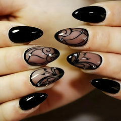 Ingvn  24Pcs Ins Simple French Full Cover Fake Nail Tips Almond Green Cat's Eye Press on False Nails Fashion Leaves Nails Set Wearable