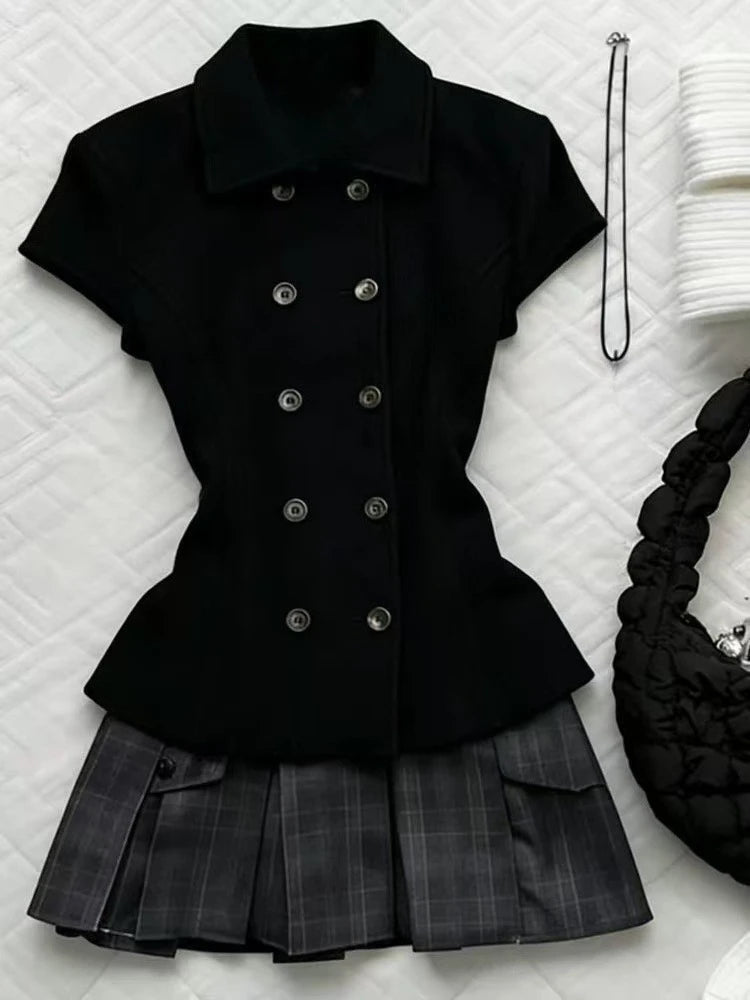 Ingvn  Retro Sweet Two Piece Set Women Plaid Short Sleeve Shirt High Waist Pleated Skirt Y2K Harajuku Hot Girl Summer