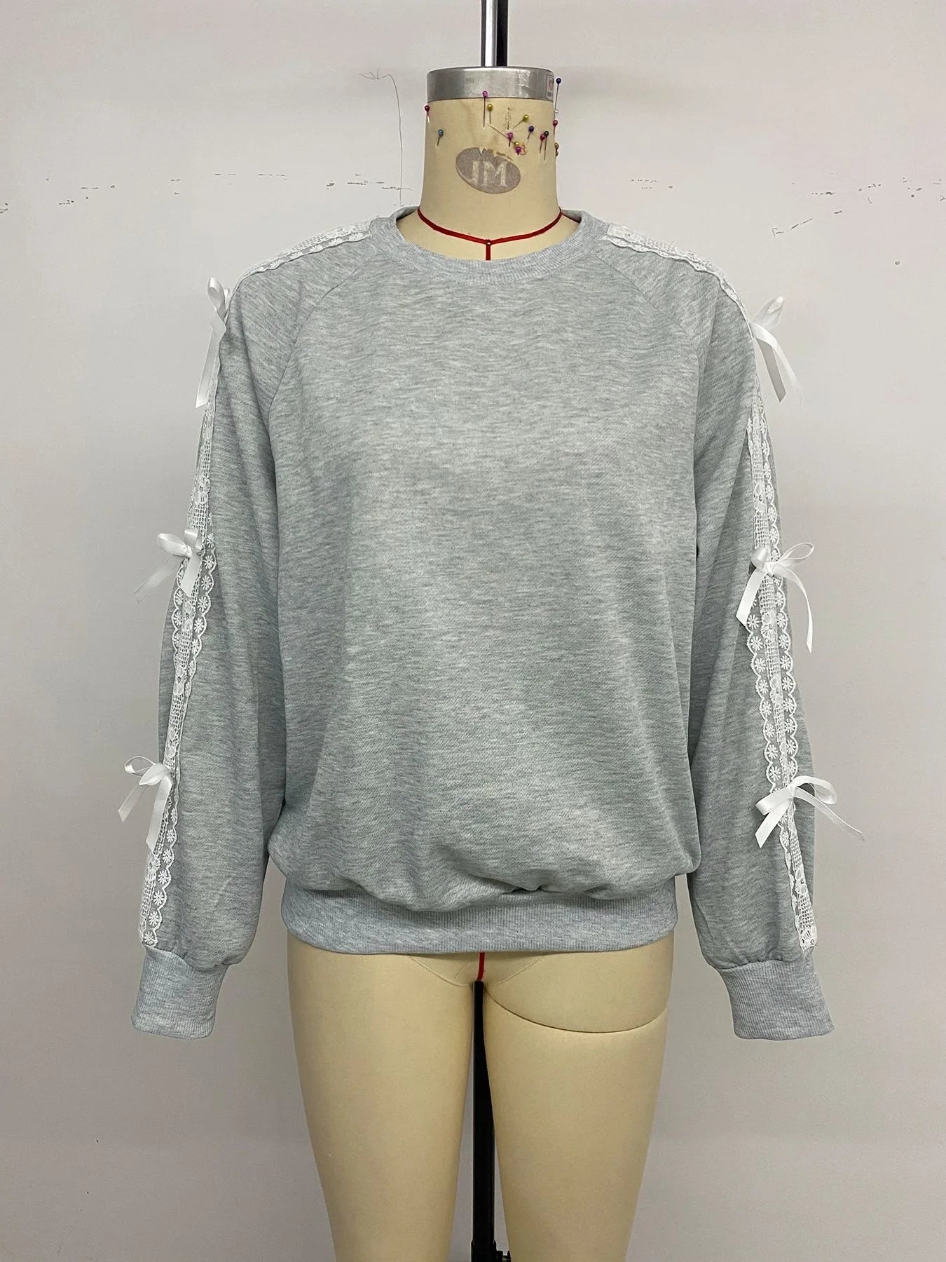 Ingvn - Womens Crew Neck Sweatshirt Lace Splicing Bow Long Sleeve Casual Autumn Winter Basic Top