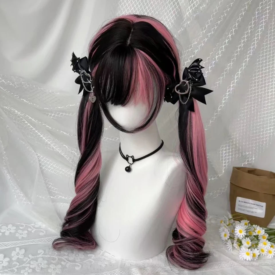 Ingvn - Long Wavy Black Highlight Pink Wig with Bangs Synthetic Diy Cosplay Wig Daily Wear Natural Wig Halloween Costume Wig for Women