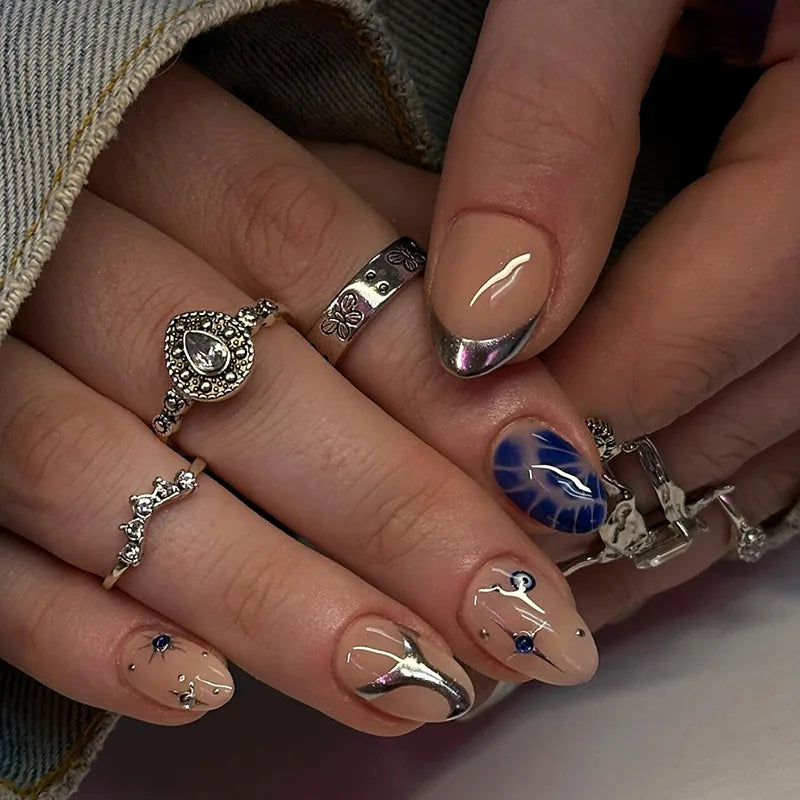 Ingvn  24Pcs Blue French Fake Nails Short Almond Nails Set Press on Wearable Wave Line Golden Star Design False Nails Manicure Tips