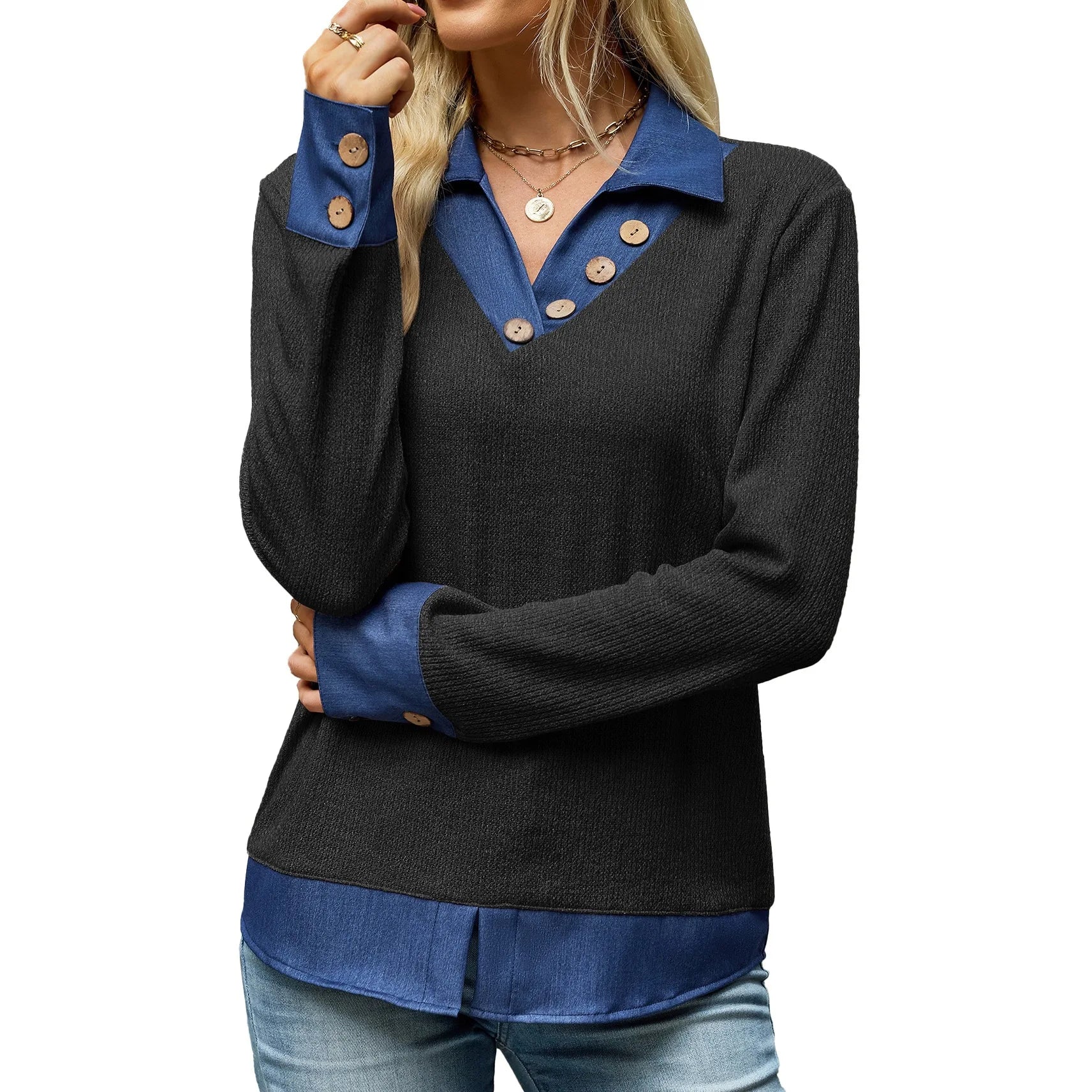 Ingvn  Autumn Women's Collared 2 In 1Pullover  Long Sleeve Button Top |buttoned Cuffs Shirttail Hem Color Collar Top Casual Pullove
