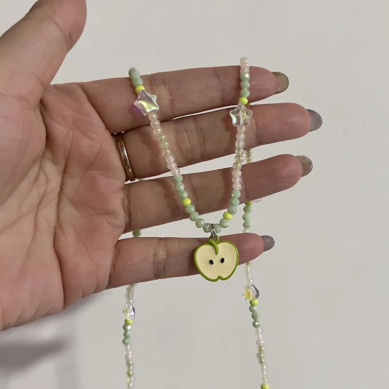 Ingvn  New Cute Harajuku Cartoon Fruit Ceramic Pendant Green Charm Beads Choker Necklace Women Y2K Jewelry Aesthetic Summer Accessories