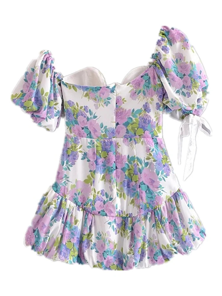 Ingvn  Sexy Short Lantern sleeve One Shoulder Party Dresses Retro Women Spliced Bow Bandage Floral Print Mini Dress