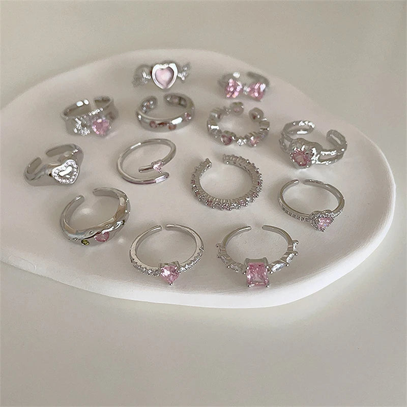 Ingvn  Pink Crystal Irregular Heart Rings Creative Zircon Bowknot Opal Love Heart Open Ring Y2K Shiny Rings for Women Party Jewelry