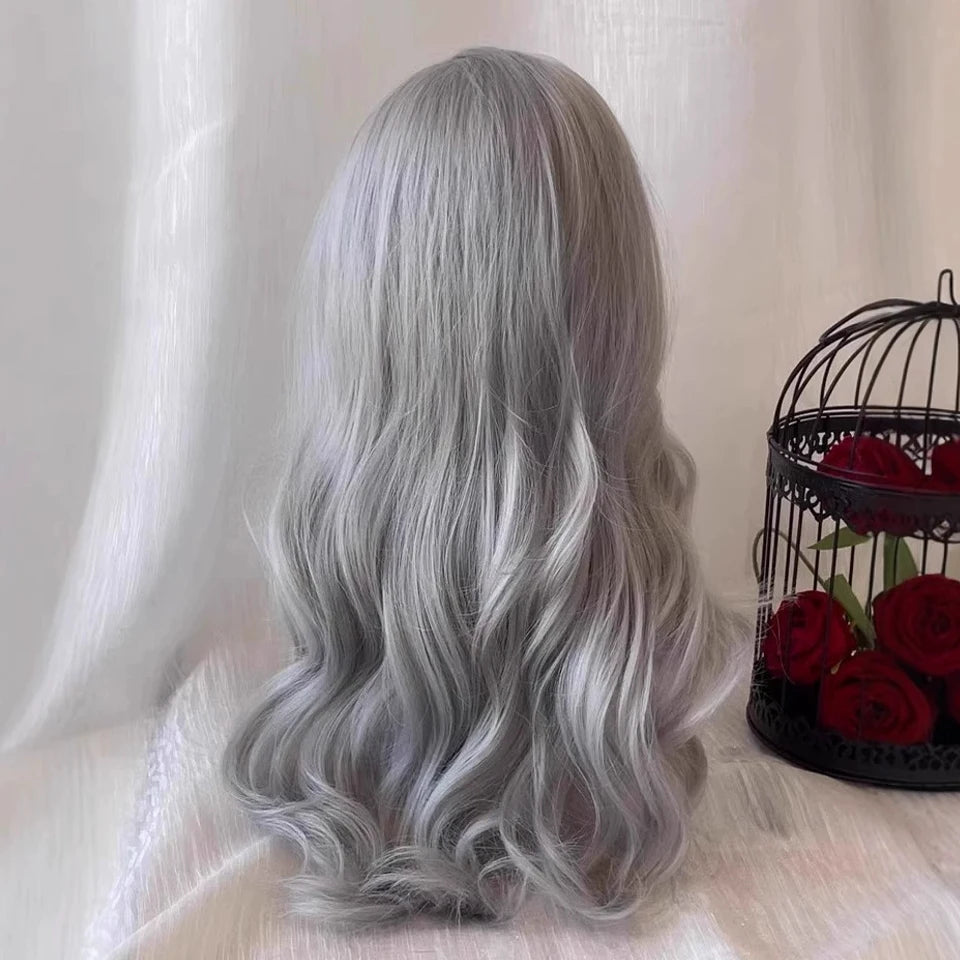 Ingvn  Long Wavy Grey Wig with Bangs Synthetic Cosplay Wig Daily Wear Natural Heat Resistant Wig Halloween Costume Wig for Women